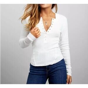 Free People We the Free One Of The Girls Henley Ivory Waffle Knit Long Sleeve L